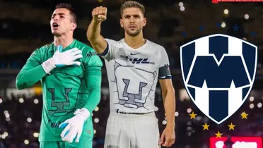 Julio y Licha con Pumas y escudo de Monterrey/FOTO: Estadio