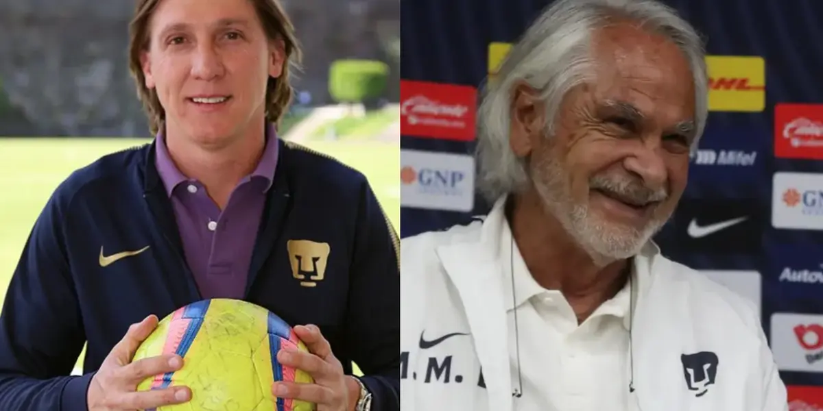 Leandro Augusto con una pelota, a la derecha, Miguel Mejía (Fuente: La Gaceta UNAM y Pumas)