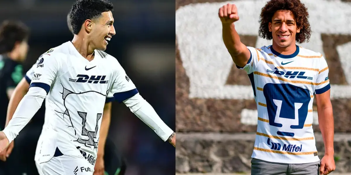 Leo Suáarez festeja gol con Pumas, a la derecha, Carrasquilla en su presentación (Fuente: Mexsports y Pumas)