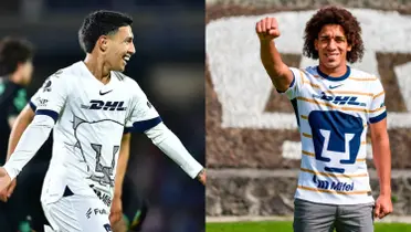 Leo Suáarez festeja gol con Pumas, a la derecha, Carrasquilla en su presentación (Fuente: Mexsports y Pumas)