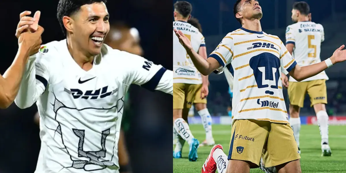 Leo Suárez celebra gol, a la derecha, Martínez agradece a Dios (Fuente: Mexsports)