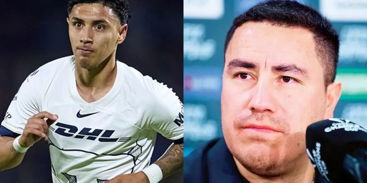 Leo Suárez en juego con Pumas, a la derecha, Juárez en conferencia de prensa (Fuente: Mexsports y Concacaf)