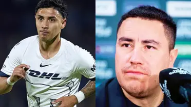 Leo Suárez en juego con Pumas, a la derecha, Juárez en conferencia de prensa (Fuente: Mexsports y Concacaf)