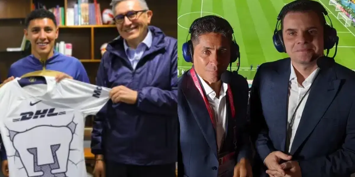 Leo Suárez presentado como refuerzo de Pumas, a la derecha, Campos y Martinoli en transmisión (Fuente: Pumas y Azteca)