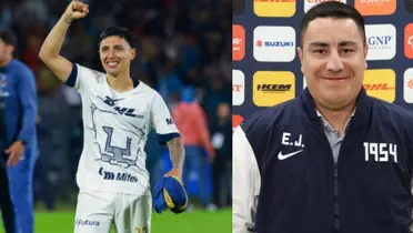 Leo Suárez saluda a la gente, con el Goya, a la derecha, Juárez en conferencia (Fuente: Mexsports y Pumas)