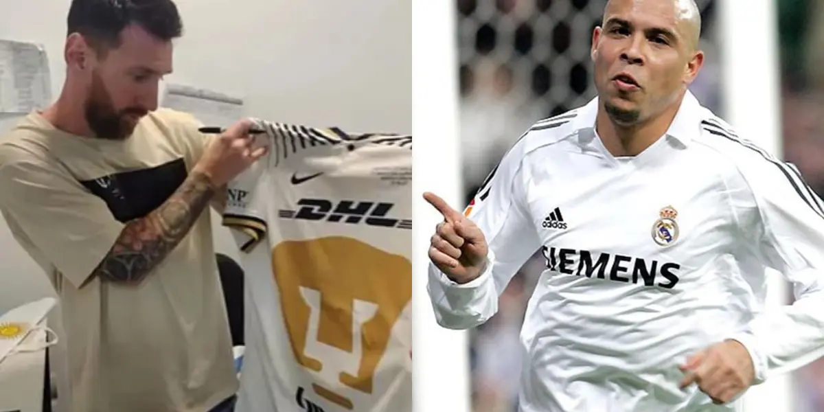 Lionel Messi recibe playera de Pumas, a la derecha, Ronaldo festeja gol (Fuente: IG Juan Dinneno y EFE)