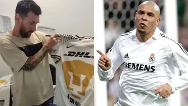 Lionel Messi recibe playera de Pumas, a la derecha, Ronaldo festeja gol (Fuente: IG Juan Dinneno y EFE)