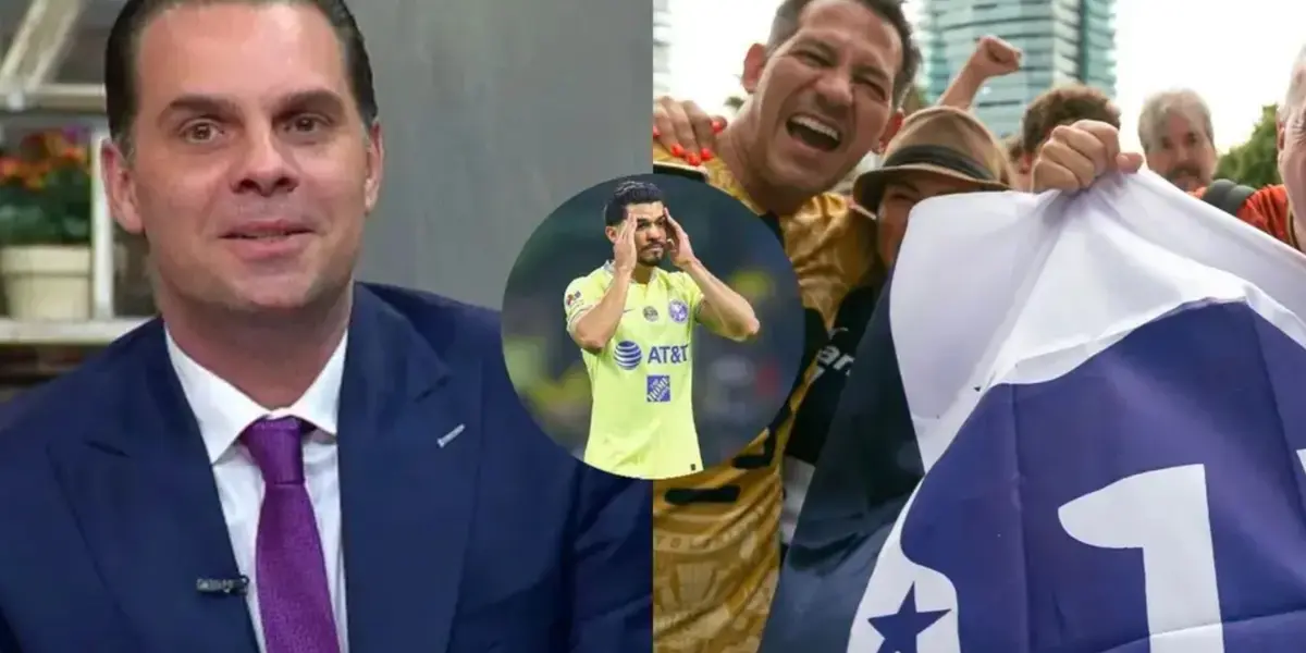 Martinoli en entrevista, a la derecha, fanáticos de Pumas con bandera (Fuente: Azteca y Soy Pumas)