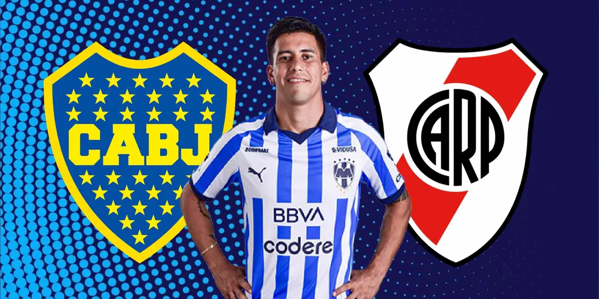 Maxi Meza con playera de Rayados, escudo de Boca Juniors y River Plate
