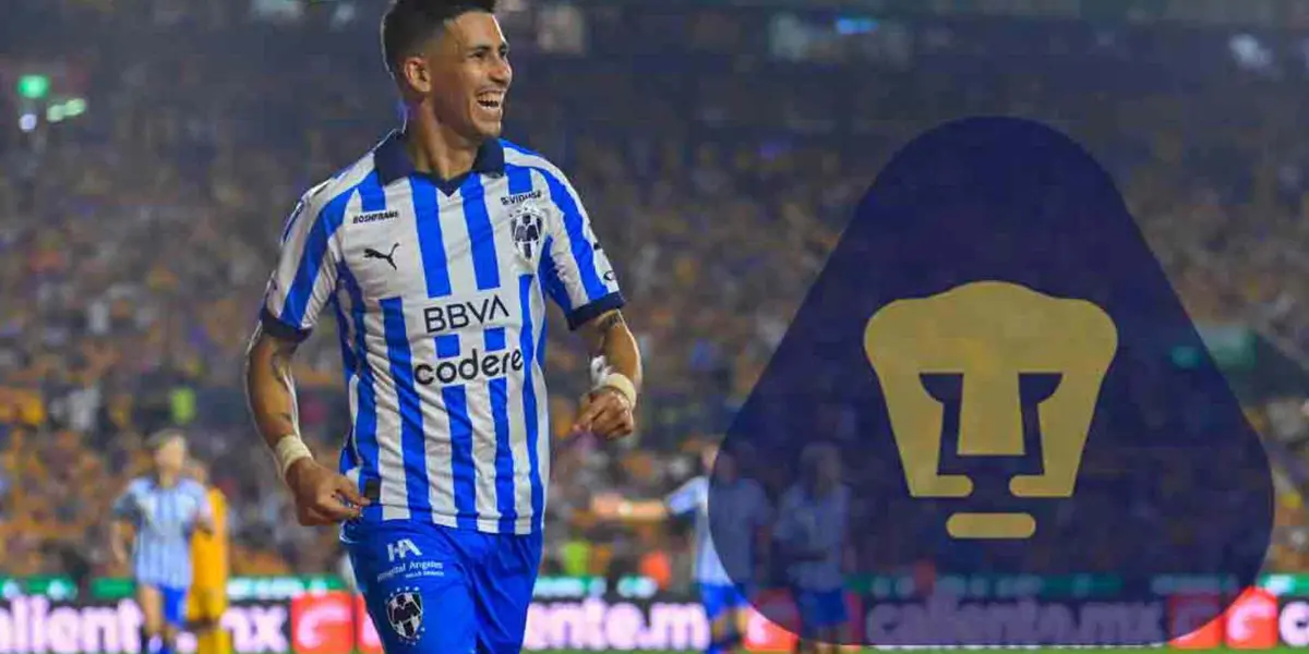 Maxi Meza con playera de Rayados, escudo de Pumas