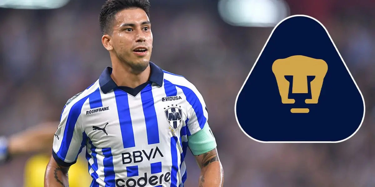 Maxi Meza con playera de Rayados, escudo de Pumas