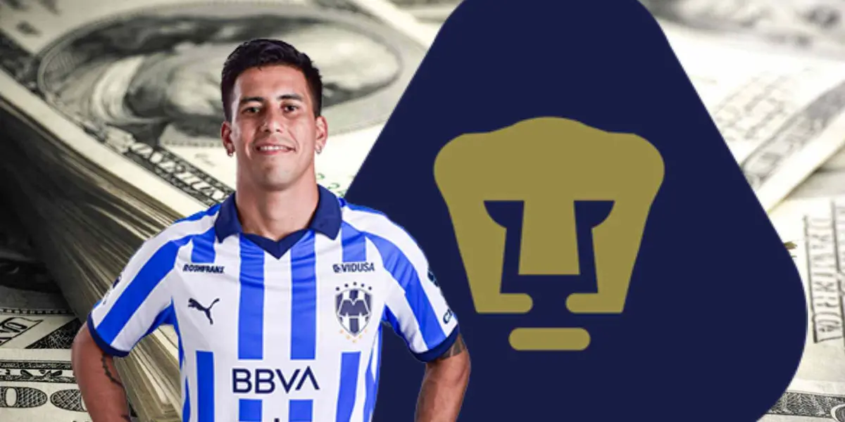 Maxi Meza con playera de Rayados, escudo de Pumas y dólares