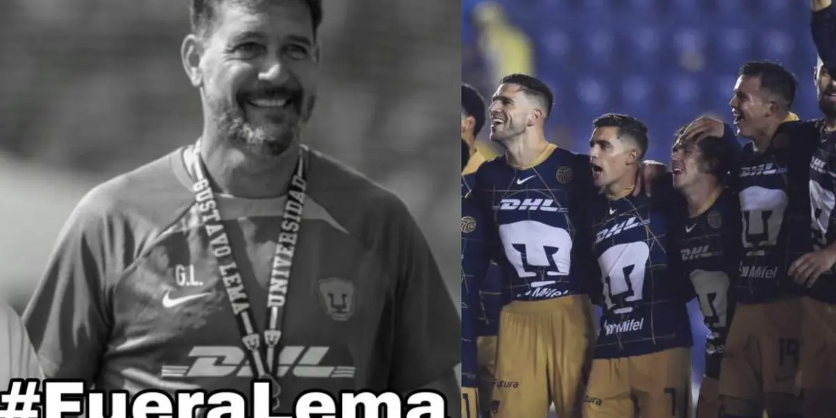 Meme de Fuera Lema que circula en redes, a la derecha, jugadores de Pumas festejan (Fuente: El Universal y Mexsports)