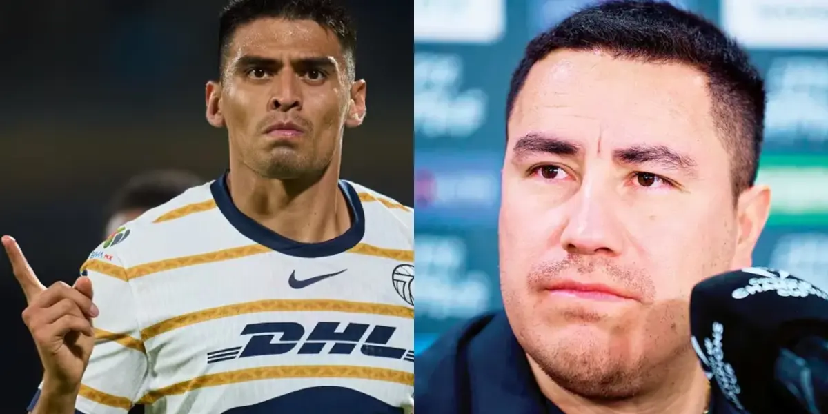 Memo Martínez festeja gol de Pumas, a la derecha, Juárez en conferencia (Fuente: Mexsports y Concacaf)