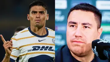 Memo Martínez festeja gol de Pumas, a la derecha, Juárez en conferencia (Fuente: Mexsports y Concacaf)