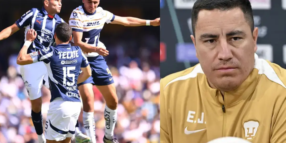 Memo Martínez pelea la pelota ante dos defensas de Rayados, Juárez en conferencia (Fuente: Mexsports y Pumas)