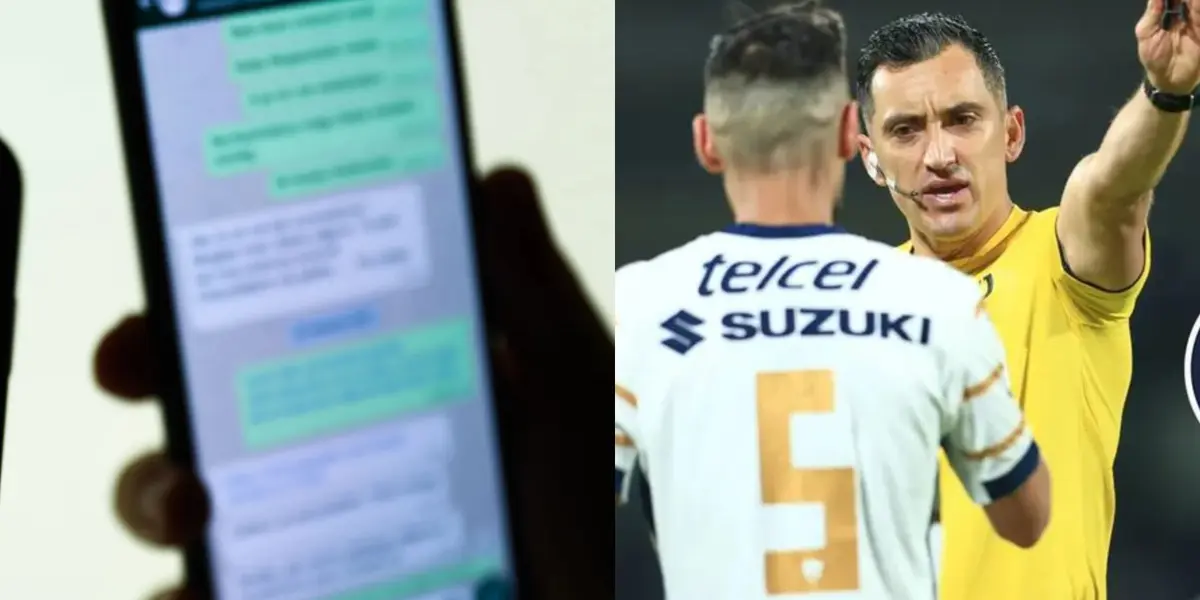 Mensaje que llega a un teléfono, a la derecha, Ismael Rosario López con un jugador de Pumas (Fuente: GQ y Mexsports)