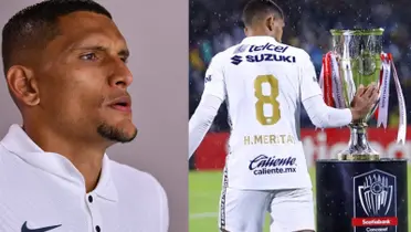 Meritao en el vestidor, a la derecha, el brasileño toca la copa de la Concacaf (Fuente: Medio Tiempo y Mexsports)