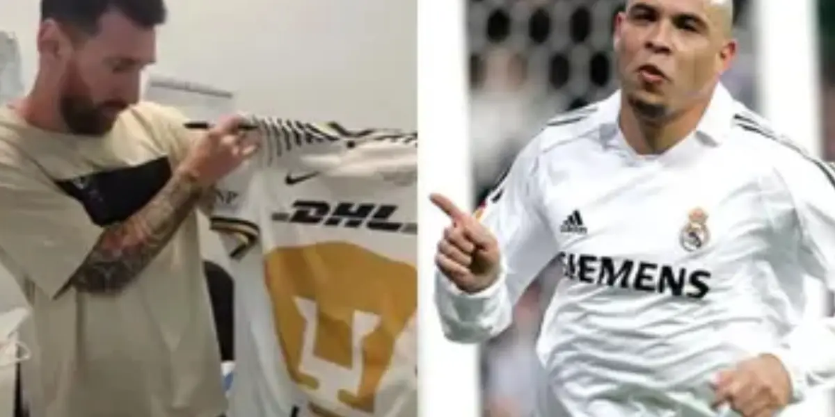 Messi mira la playera de Pumas, a la derecha, Ronaldo Nazario festeja (Fuente: IG Juan Dinenno y AFP)