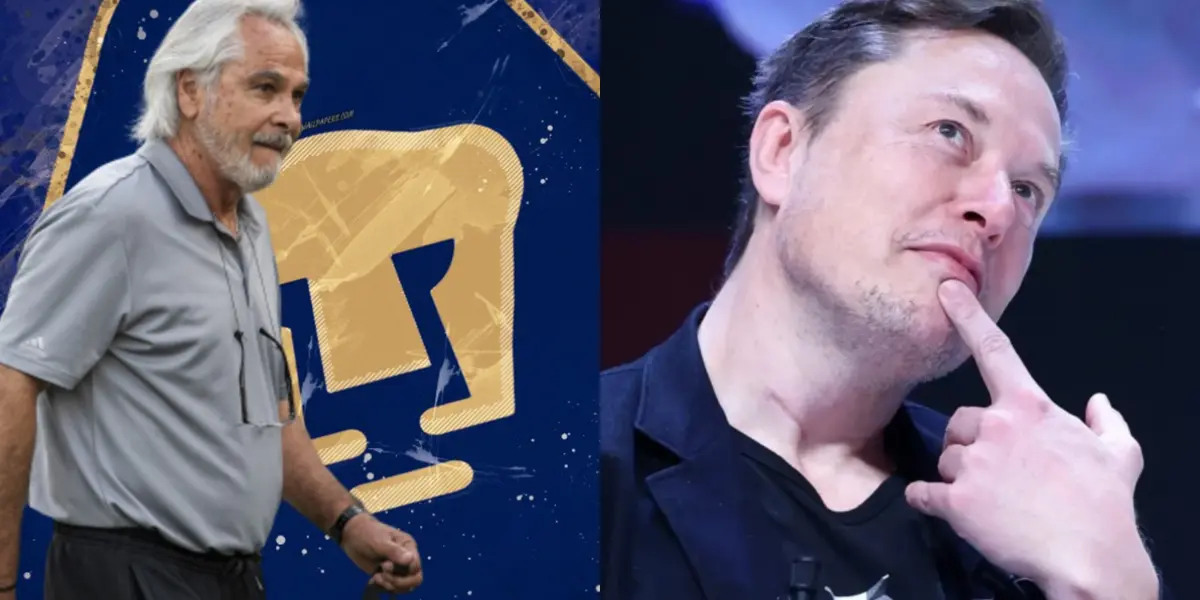 Miguel Mejía sale de reunión con directiva, a la derecha, Musk pensando (Fuente: Mexsports y Tesla)