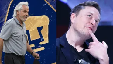 Miguel Mejía sale de reunión con directiva, a la derecha, Musk pensando (Fuente: Mexsports y Tesla)