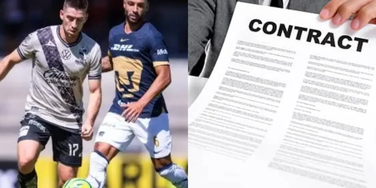 Nathan pelea una pelota ante jugador de Puebla, a la derecha, un contrato de trabajo (Fuente: Mexsports y Legal)