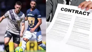 Nathan pelea una pelota ante jugador de Puebla, a la derecha, un contrato de trabajo (Fuente: Mexsports y Legal)