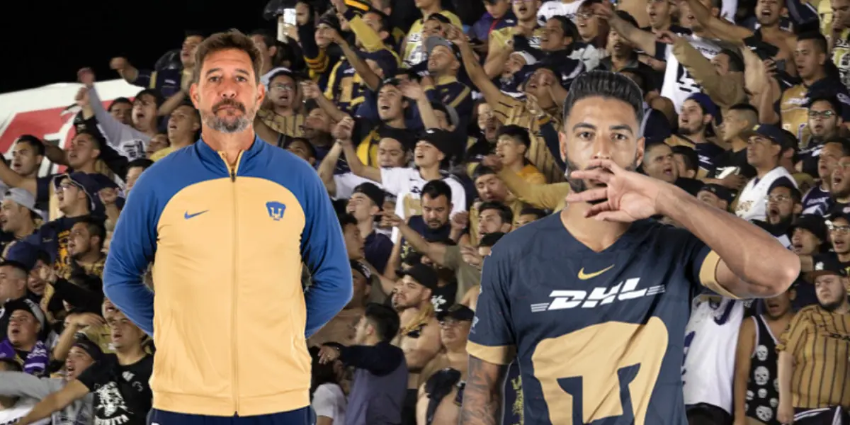 Nathan Silva y Gustavo Lema con afición de Pumas