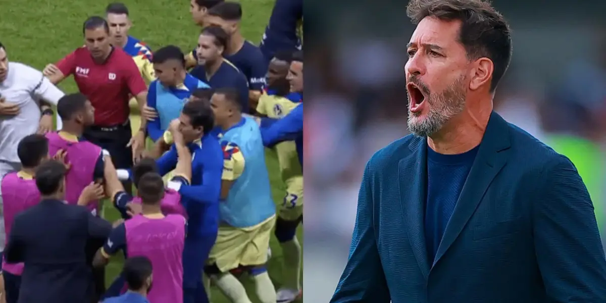 Pelea en un campo de juego entre gente de Pumas y América, a la derecha Lema dirige (Fuente: Mexsports y TUDN)