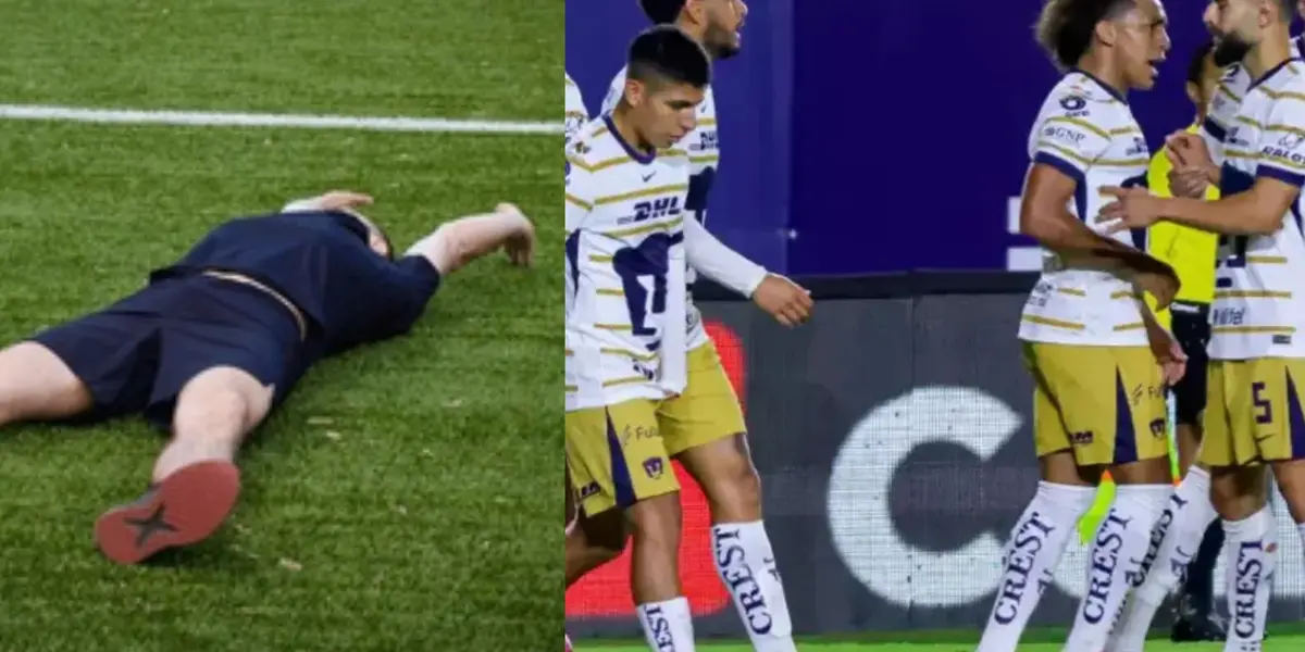 Persona duerme en el campo, a la derecha, jugadores de Pumas festejan (Fuente: Shutter y Mexsports)