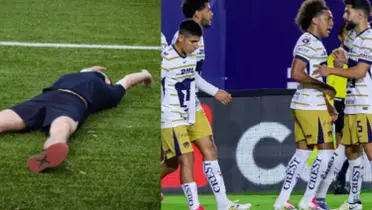 Persona duerme en el campo, a la derecha, jugadores de Pumas festejan (Fuente: Shutter y Mexsports)