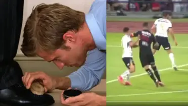 Persona le lustra los zapatos a otra, a la derecha, Ramos golpea a Bennevendo (Fuente: Chilango y TUDN)