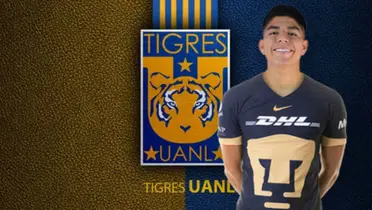 Piero Quispe con la playera de Pumas y logo de Tigres