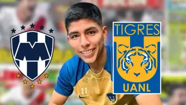 Piero Quispe de Pumas con escudo de Rayados y Tigres