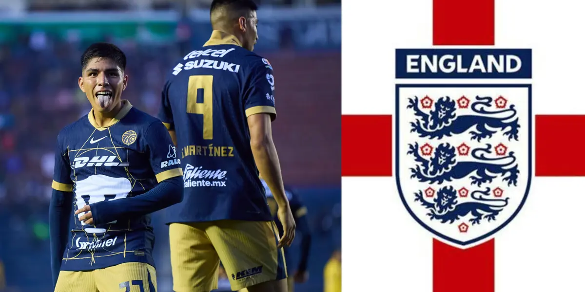 Piero Quispe en un juego con Pumas, a la dercha, el escudo de Inglaterra (Fuente: Mexsports y APP Soccer)