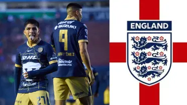 Piero Quispe en un juego con Pumas, a la dercha, el escudo de Inglaterra (Fuente: Mexsports y APP Soccer)