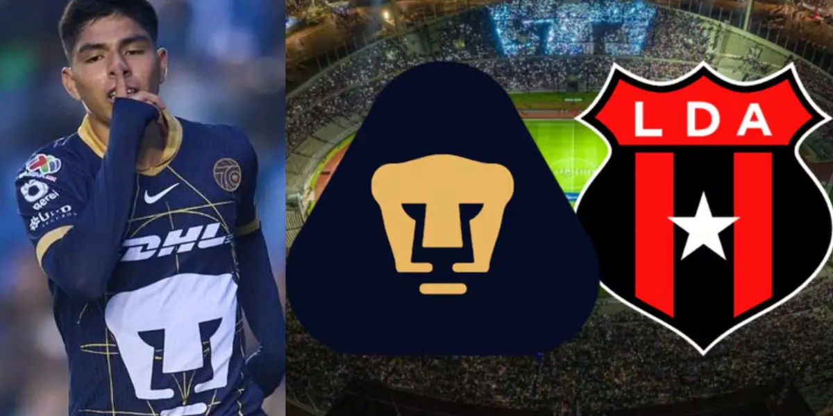 Piero Quispe festeja, a la derecha, los escudos de Pumas y LDA (Fuente: Mexsports y FOX)