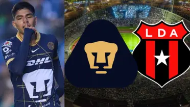 Piero Quispe festeja, a la derecha, los escudos de Pumas y LDA (Fuente: Mexsports y FOX)