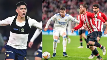 Piero Quispe festeja gol, a la derecha, dos jugadores disputan la pelota en el Madrid vs Bilbao (Fuente: Mexsports e Infobae)