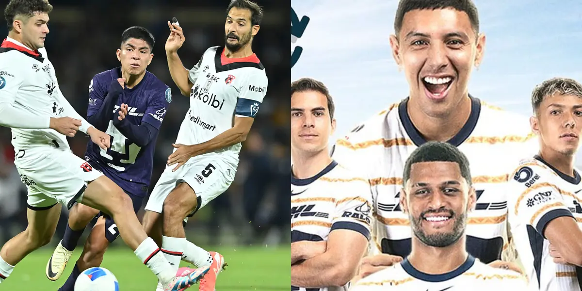 Piero Quispe intenta pasar ante marca de Alajuelense, a la derecha, refuerzos presentados (Fuente: Imago y Pumas)