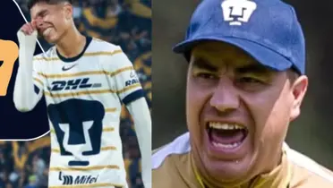 Piero Quispe se lamenta por una falla, a la derecha, Efraín Juárez reclama (Fuente: Mexsports y Pumas)