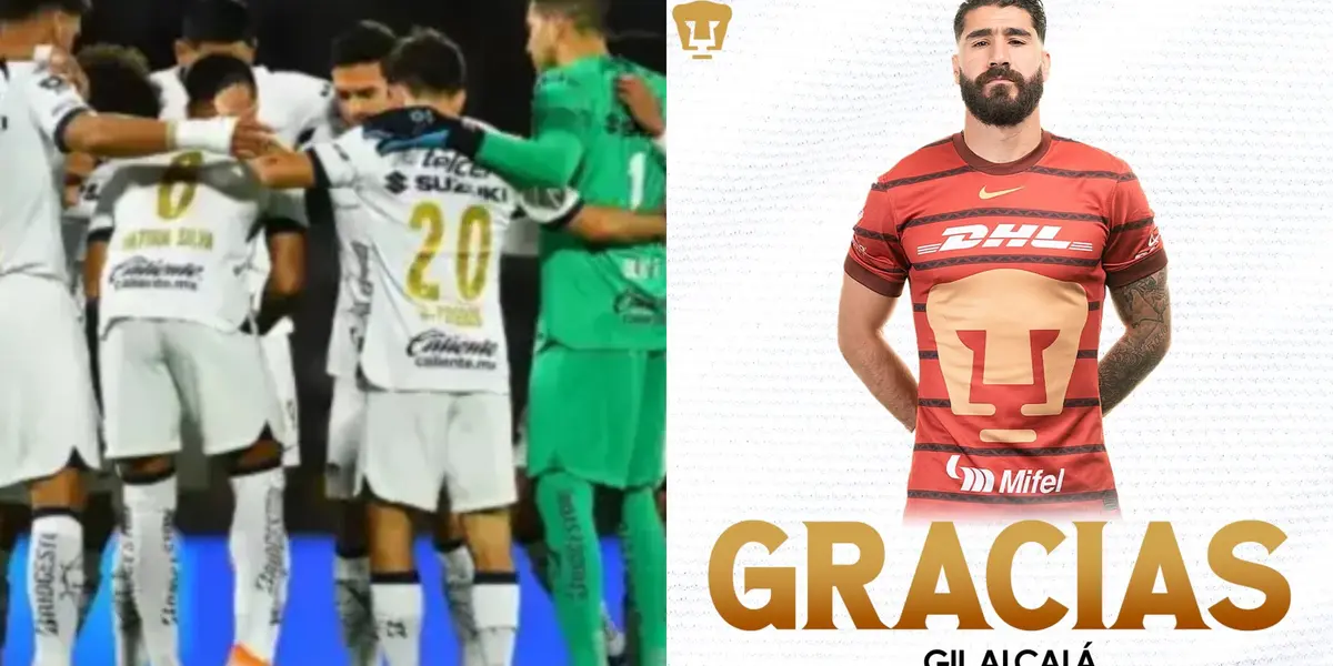 Plantilla de Pumas reunida, a la derecha, el arte de despedida de Gil Alcalá (Fuente: Mexsports y Pumas)