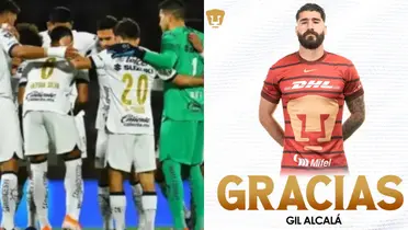 Plantilla de Pumas reunida, a la derecha, el arte de despedida de Gil Alcalá (Fuente: Mexsports y Pumas)