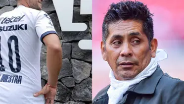 Playera 10 de Pumas presentada en cantera, a la derecha, Jorge Campos (Fuente: Mexsports)