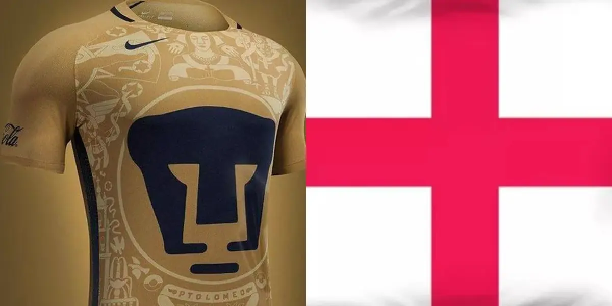 Playera de Pumas, a la derecha, bandera de Inglaterra (Fuente: Pumas y Mercado Libre)