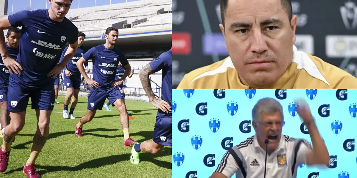 Práctica de Pumas, a la derecha, Juárez en conferencia y Ricardo Ferretti grita (Fuente: Pumas, Concacaf y Rayados)