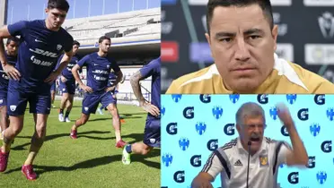 Práctica de Pumas, a la derecha, Juárez en conferencia y Ricardo Ferretti grita (Fuente: Pumas, Concacaf y Rayados)