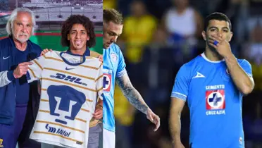 Pumas presentando a Carrasquilla, a la derecha, dos jugadores del Azul tristes (Fuente: Mexsports)