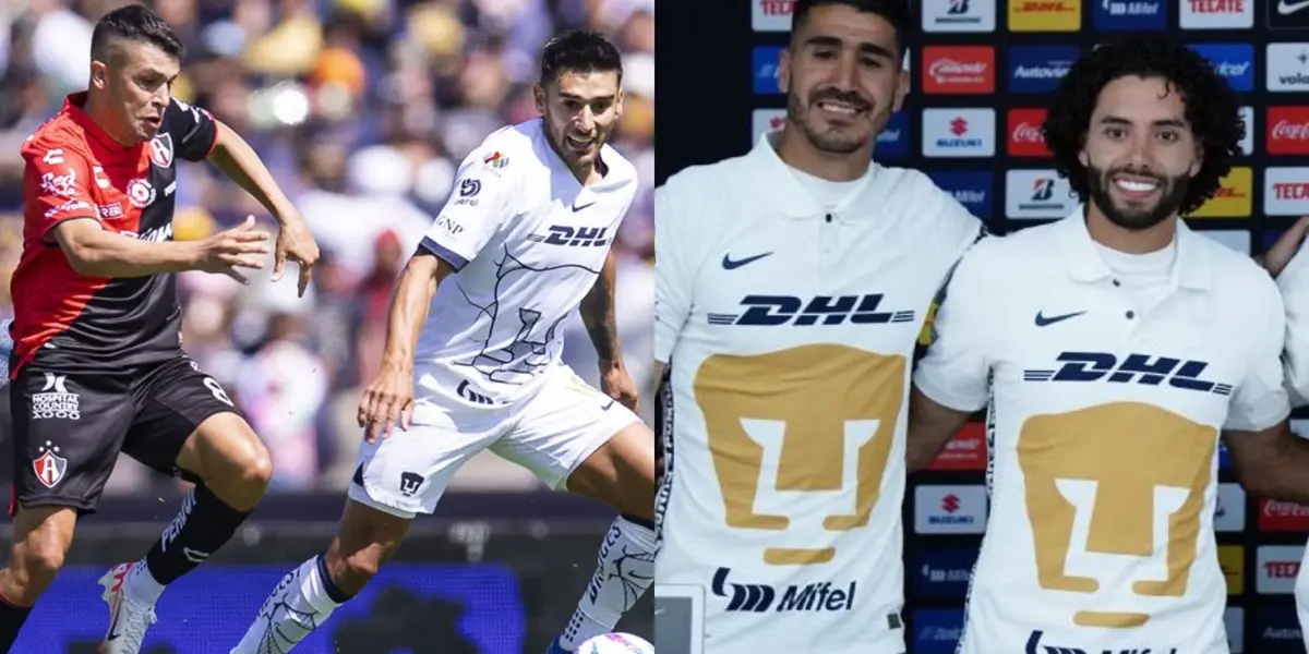 Pumas vs Atlas en un partido en Ciudad Universitaria, junto a una foto de refuerzos presentados (Fuente: Mexsports)