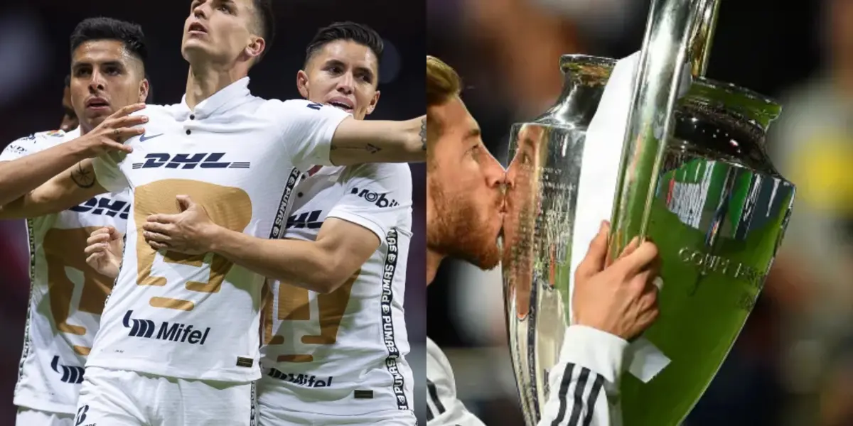Pumas y sus jugadores celebran gol, a la derecha, jugador besa el trofeo de la Champions League (Fuente: Mexsports y BBC)